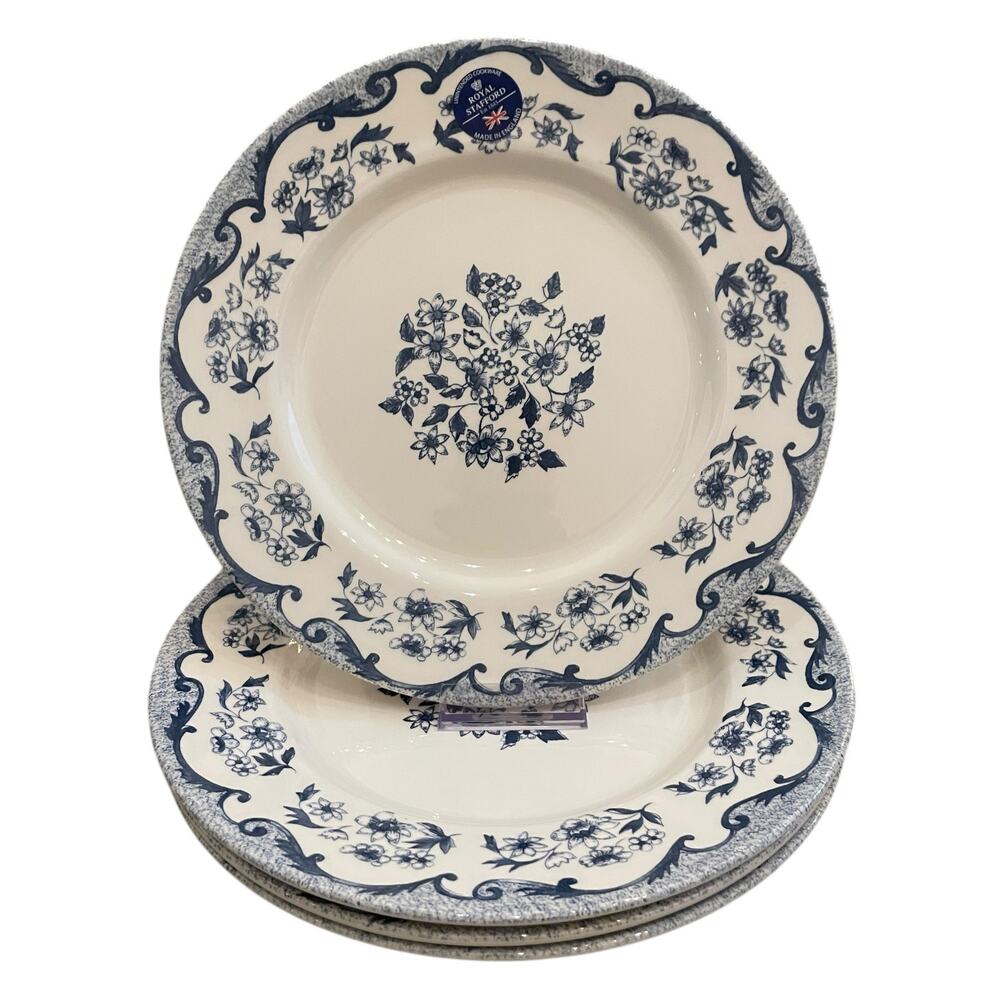 Royal Stafford FRENCH TOILE Porcelain 11" Dinner Plates Blue White Set of 4 New
